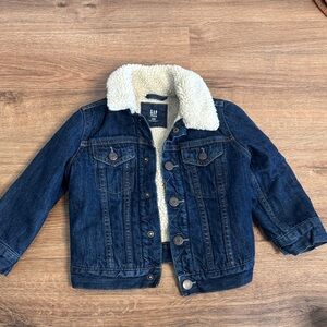 GAP Kids Dark Blue Denim Jacket with Cream Sherpa Collar